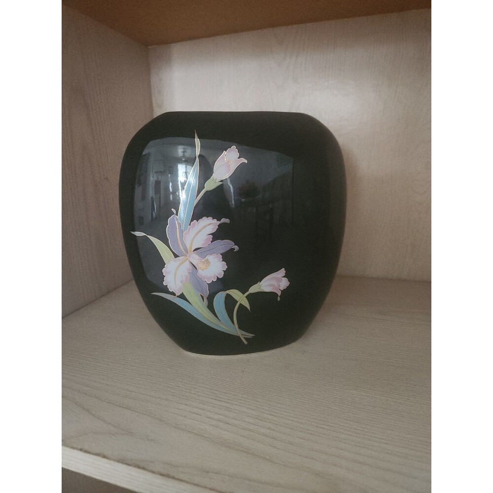Vintage Otagiri Black Orchid Japanese Ceramic Vase Glossy Black Floral Pottery